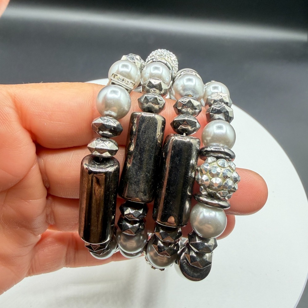 Silver Tone Faux Pearl Multi Strand Wrap Bracelet Chunky Statement Boho Gift